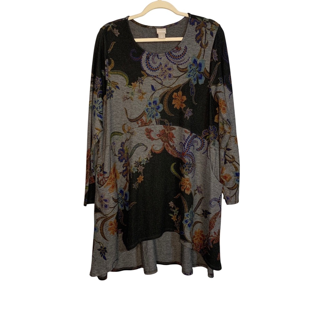 Chicos Womens Asymmetrical Long Sleeve Tunic Top Floral Print‎ Grey Size 2(US L)